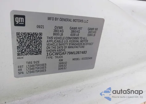 2021 Chevrolet Express Cargo Rwd 2500 Regular Wheelbase Wt z USA, uszkodzony, nr VIN 1GCWGAF79M1287483